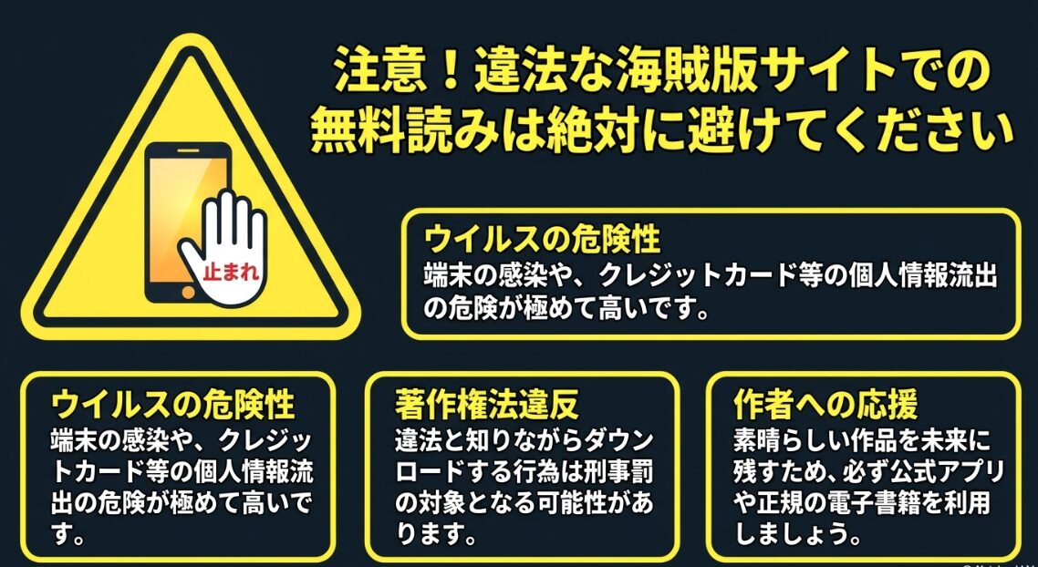 違法海賊版サイトの利用はウイルス感染や個人情報流出、著作権法違反のリスクがあり、作者を応援するためにも公式サービスを利用すべきであることを伝えるスライド