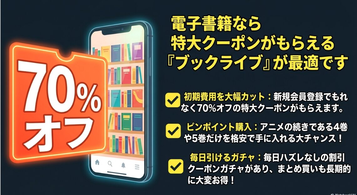 新規登録でもらえる70%オフクーポンや毎日引けるガチャなど、黄泉のツガイの電子書籍をブックライブでお得に購入するメリットを解説したスライド