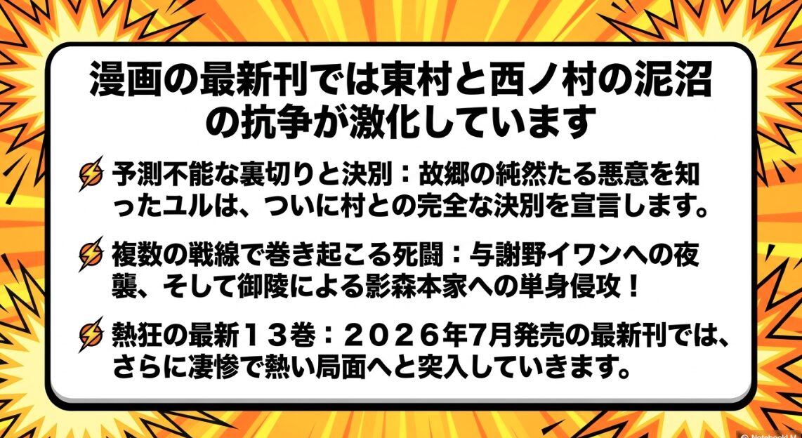 東村との決別や複数の戦線での死闘など、黄泉のツガイ最新13巻に向けた予測不能な熱い展開を解説したスライド