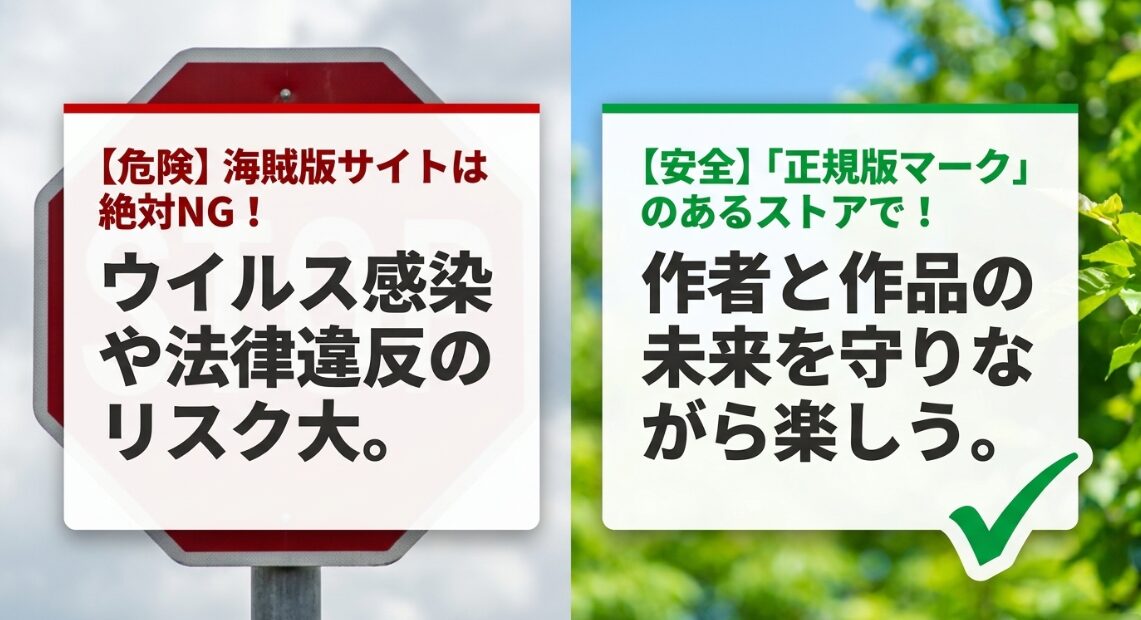 ウイルス感染や法律違反のリスクがある海賊版サイトへの注意喚起と安全な正規版ストアの推奨