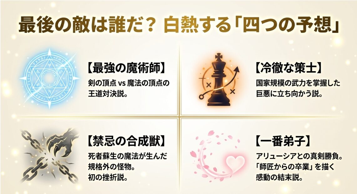 最後の敵に関する4つの予想。最強の魔術師との対決説、冷徹な策士による巨悪説、死者蘇生の魔法が生んだ禁忌の合成獣説、そして一番弟子アリューシアとの真剣勝負による感動の結末説の図解。