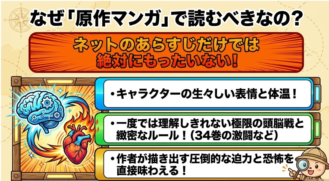 キャラクターの生々しい表情や極限の頭脳戦を原作漫画で直接味わうべき理由