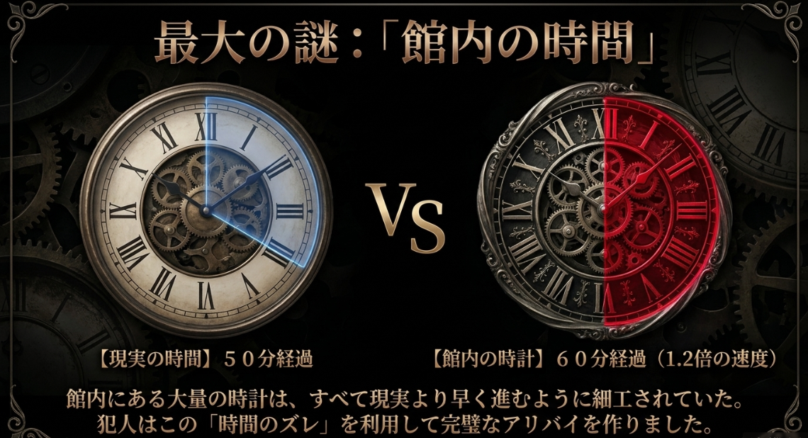 現実の時間が50分経過する間に館内の時計は60分経過する1.2倍の速度の時間トリック図解