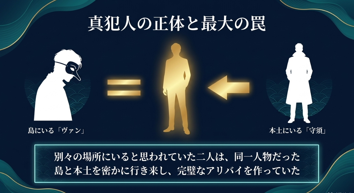 真犯人の正体と最大の罠。島にいるヴァンと本土にいる守須は同一人物だった