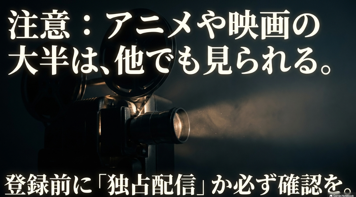 アニメや映画の大半は他でも見られるため、登録前に独占配信か必ず確認を