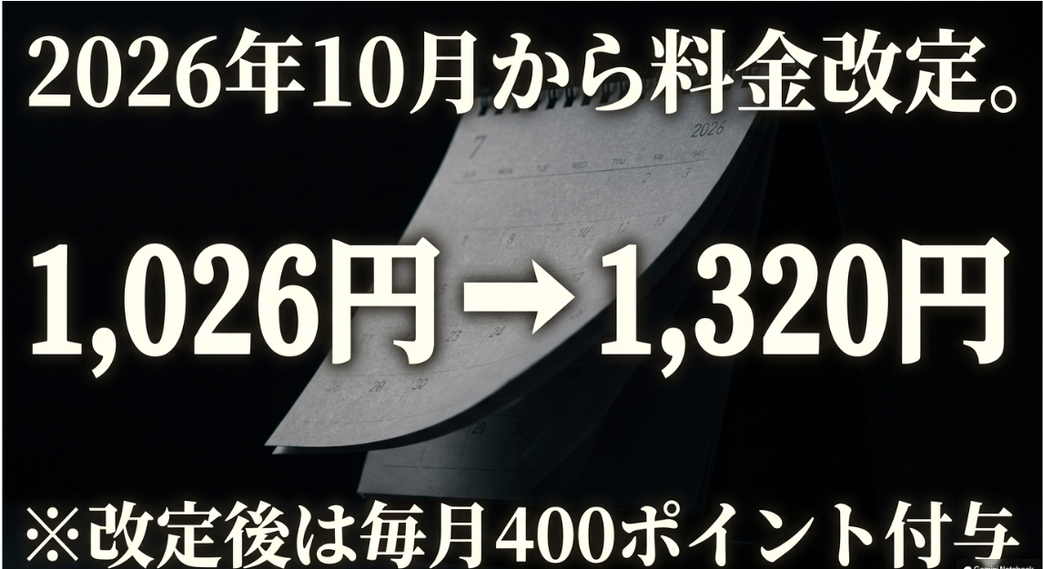 2026年10月から料金改定。1,026円から1,320円となり毎月400ポイントが付与