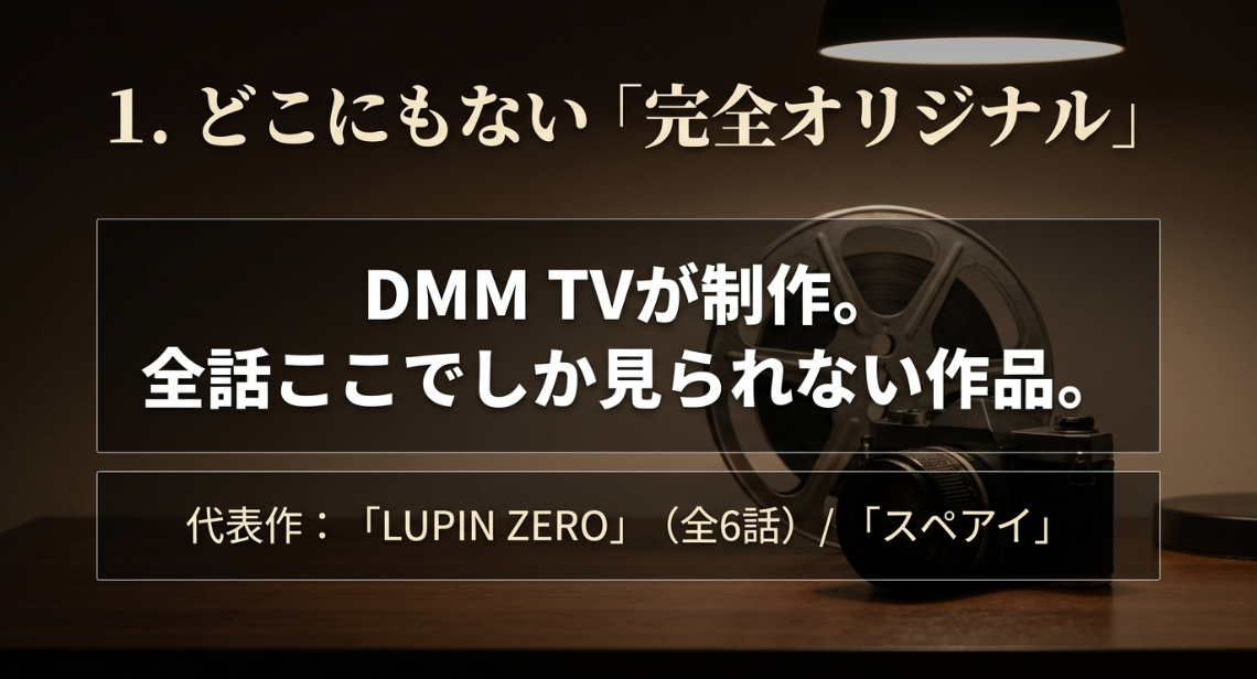 DMM TVの完全オリジナル作品である「LUPIN ZERO」と「スペアイ」の特徴を解説するスライド