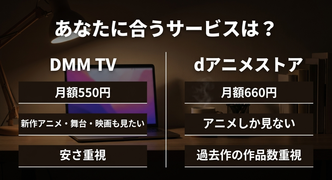 DMM TV（新作・安さ重視）とdアニメストア（アニメ特化・作品数重視）の特徴を比較するスライド