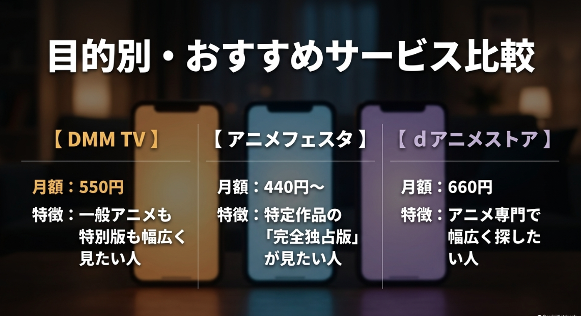 DMM TV、アニメフェスタ、dアニメストアの月額料金と特徴を比較した目的別おすすめ表