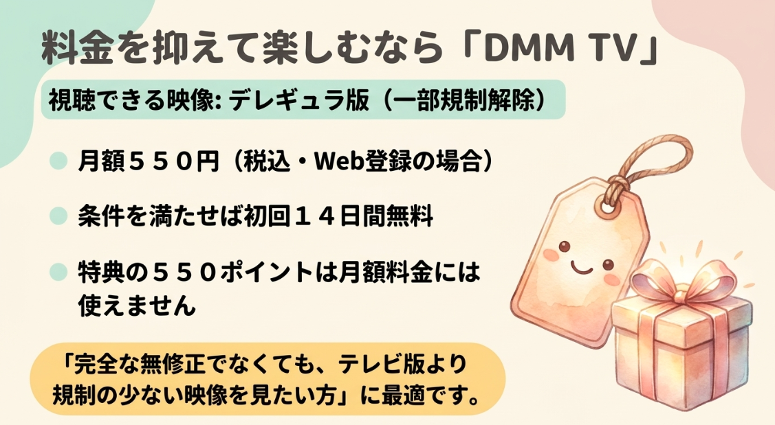 テレビ版より規制の少ないデレギュラ版を月額550円(税込)で楽しめるDMM TVの料金と初回14日間無料特典の解説