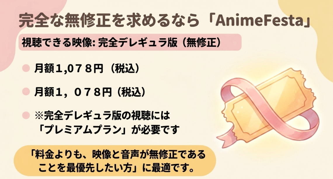無修正の完全デレギュラ版を視聴できるAnimeFestaプレミアムプラン(月額1,078円・税込)の解説