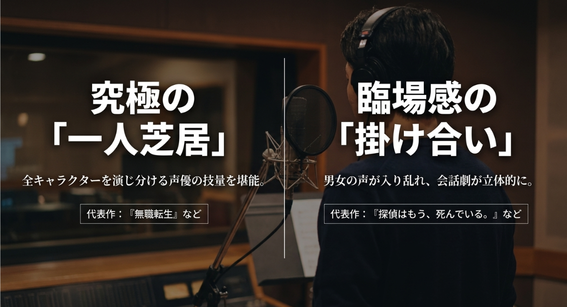 究極の「一人芝居」で全キャラクターを演じ分ける『無職転生』などの一人朗読と、男女の声が入り乱れる『探偵はもう、死んでいる。』などの掛け合い作品の違い