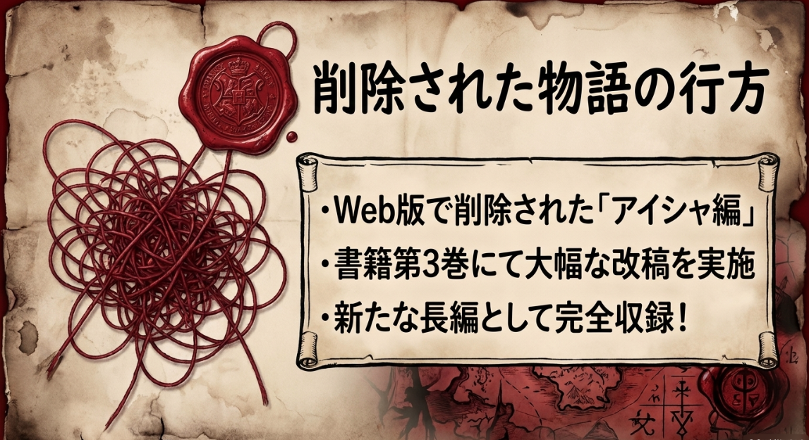 Web版で削除された無職転生のアイシャ編が、書籍第3巻にて大幅な改稿を実施し新たな長編として完全収録されたことを示す図解